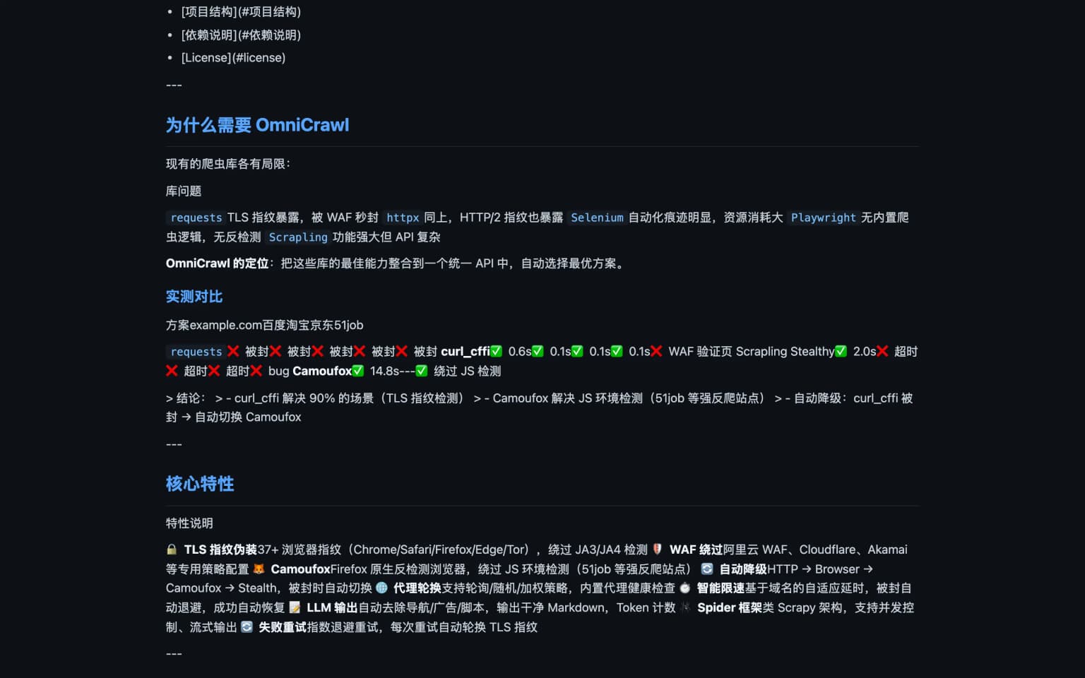OmniCrawl 核心特性与对比表格