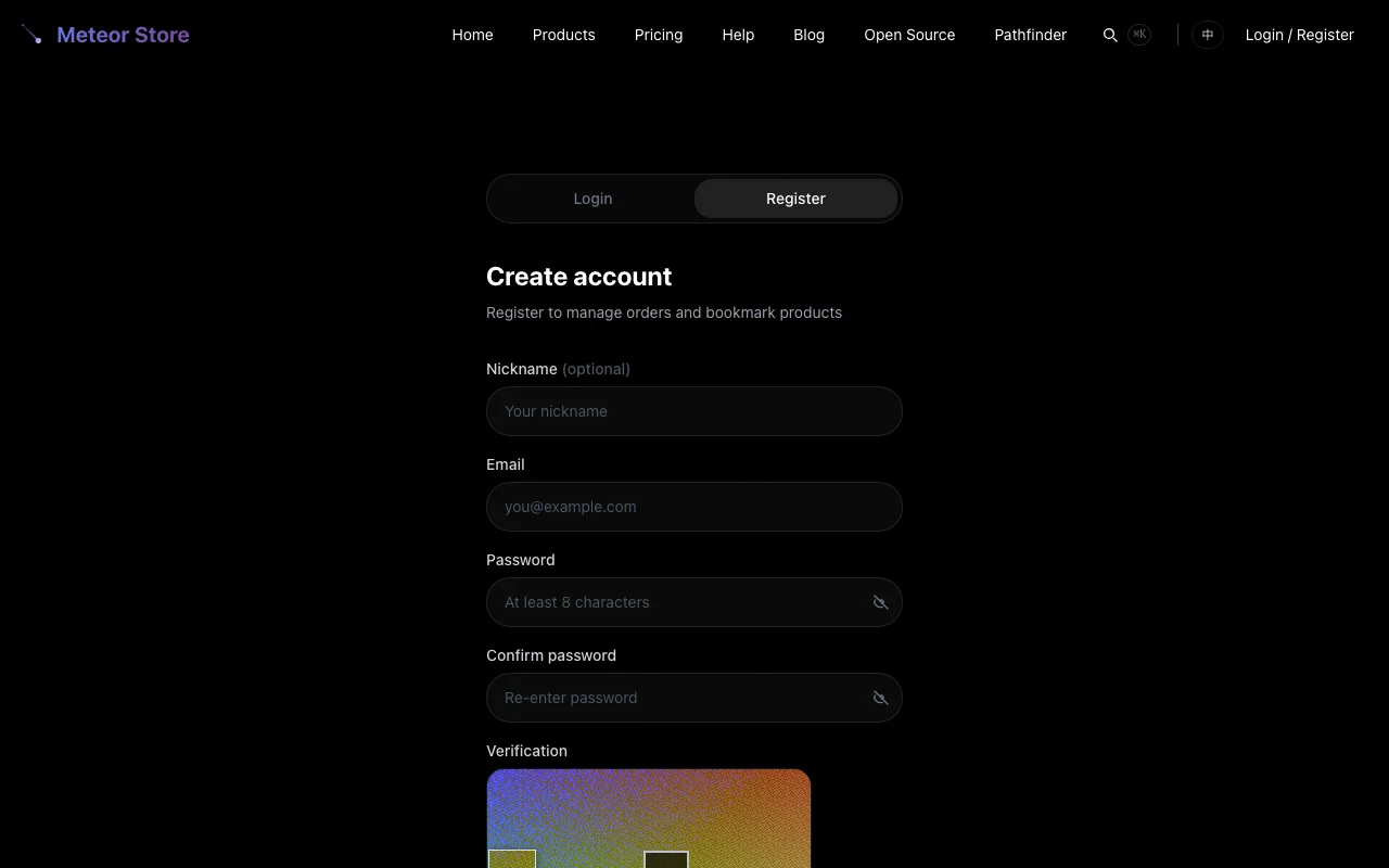 Meteor Store registration form